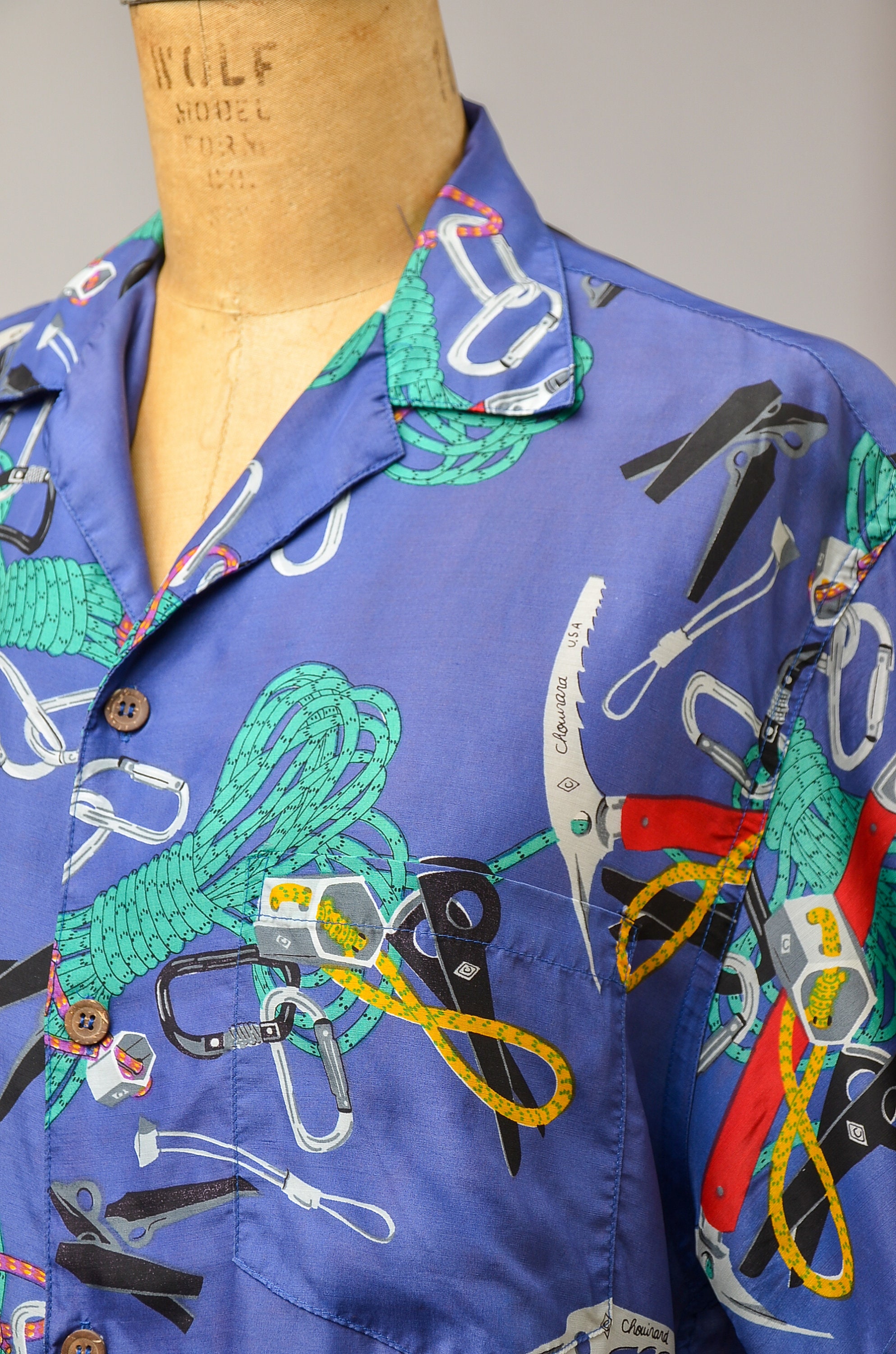 1980s Chouinard Climbing Equipment Shirt Blue Rayon Button 1980s Chouinard Climbing Equipment Shirt Blue Rayon Button