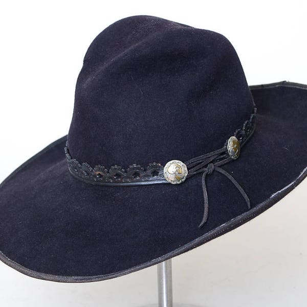 Vintage noodlijdende West Hat zilveren schedel Concho lederen hoed Band zwarte vacht vilten brede rand lang ovaal cowboyhoed