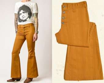 1970s Mustard Yellow Hip Huggers Flared Knit Beatnik Belled Pants 29 x 30