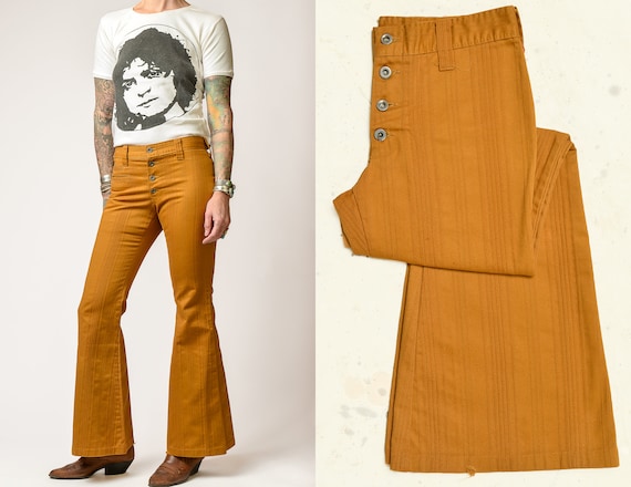 1970s Mustard Yellow Hip Huggers Flared Knit Beat… - image 1