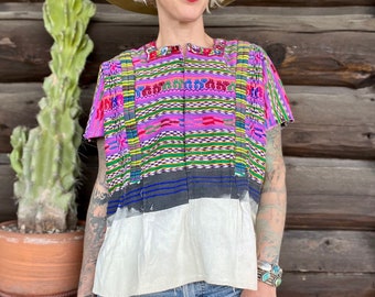 Antique Guatemalan Huipil Blouse Bright Hand Woven Serape Poncho