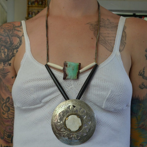 Tribal Moroccan Bone Pipe and Agate Pendant Bib Necklace