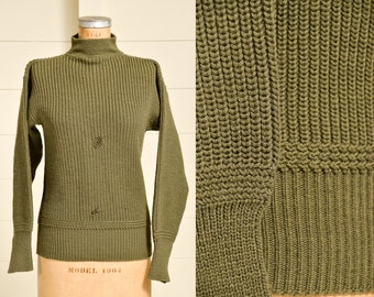 1940s Deck Wool Sweater Army Green Knit Mock Turtleneck WWll High Neck Sweater