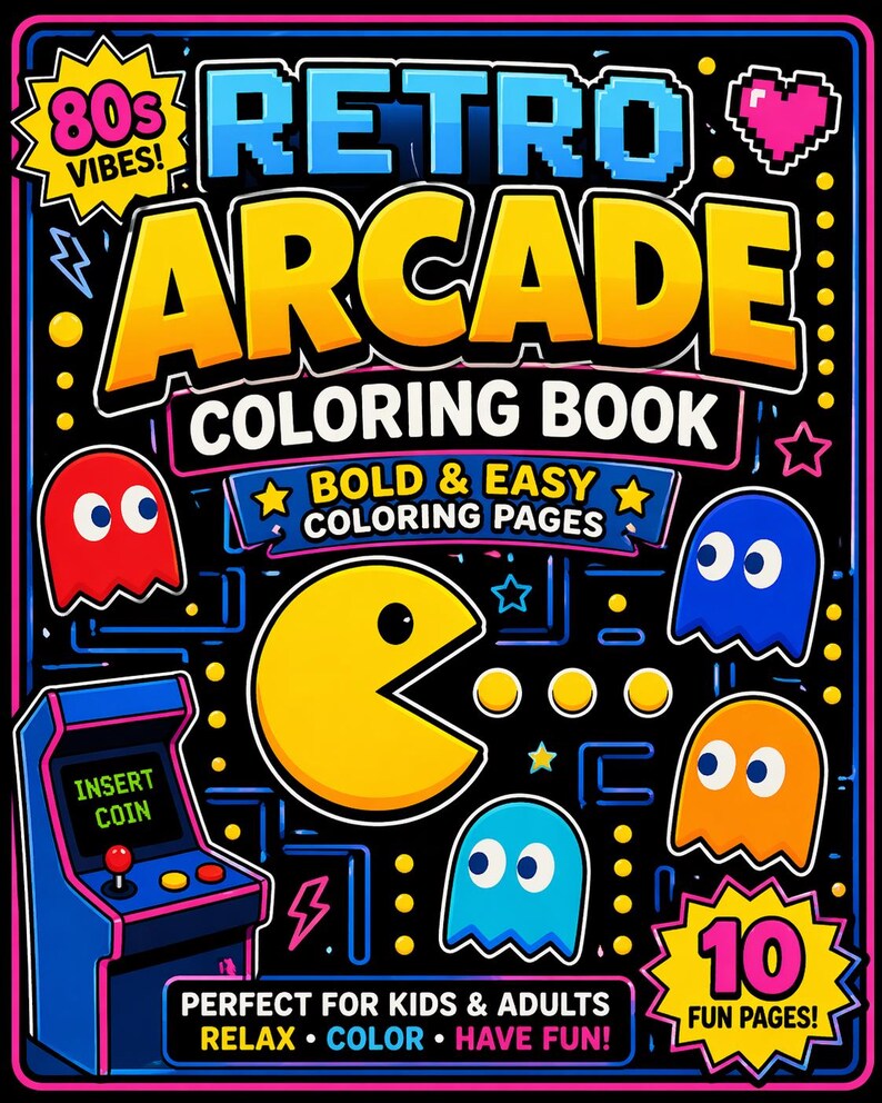 Retro Arcade Coloring Page | 80s Game Style Printable | Bold & Easy ...