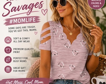 Mom Life Heart Print Cold Shoulder Top, Soft Comfy Casual Tee