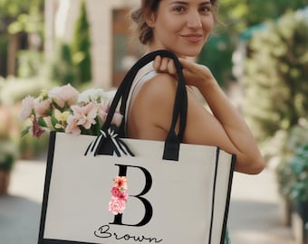 Personalized Floral Initial Tote Bag, Custom Name Bridesmaid Gift