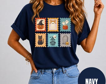 Comfort Colors Halloween Shirt, Spooky Stamp Collection Graphic Tee, Retro Fall Aesthetic, Retro Graphic Shirt, Vintage Aesthetic Apparel