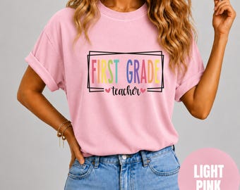 Comfort Colors First Grade Shirt, Back To School Outfit, Retro Rainbow Graphic Tee, Retro Graphic Shirt, Vintage Aesthetic Apparel
