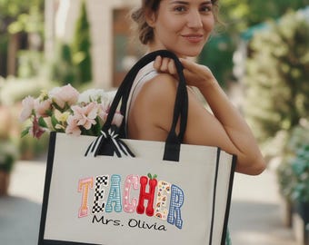 Custom Teacher Tote Bag, Personalized Appreciation Gift, Colorful Alphabet Design