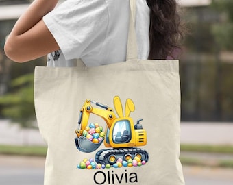 Personalized Easter Excavator Tote Bag, Custom Name Cotton Bag