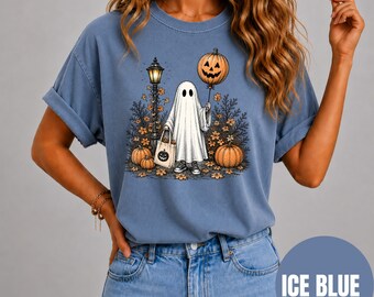Comfort Colors Halloween Shirt, Spooky Ghost Graphic Tee, Retro Fall Aesthetic, Vintage Costume Shirt, Cute Pumpkin Shirt, Cute Casual Top