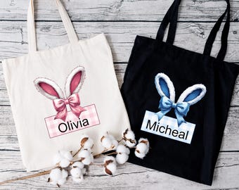 Personalized Easter Tote Bag, Custom Name Bunny Ears Cotton Bag
