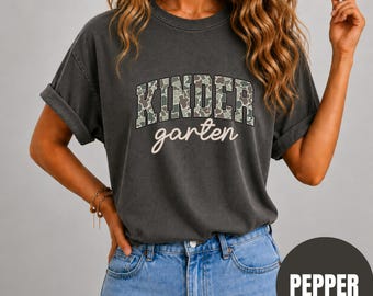 Comfort Colors Kindergarten Shirt, Back To School Teacher Tee, Retro Camo Aesthetic, Retro Graphic Shirt, Vintage Aesthetic Apparel