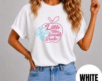 Comfort Colors Teacher Shirt, Little Miss Second Grade, Retro Apple School Spirit, Retro Graphic Shirt, Vintage Aesthetic Apparel