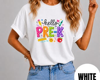 Comfort Colors Pre-K Teacher Shirt, Hello Back to School, Retro Colorful Graphic Tee, Retro Graphic Shirt, Vintage Aesthetic Apparel