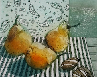 Pears Pebbles Paisley, Etching with Aquatint Yellows and duck egg blue.