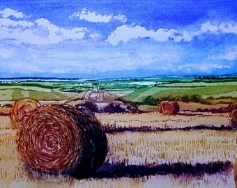 Corn Bales in late Summer, full colour Aquatint ......... 9x5.5 inches, paper 17x13 inches.