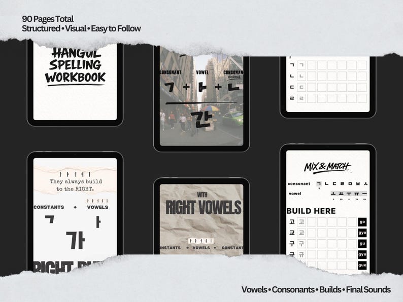 Puede incluir: Un cuaderno de trabajo digital para aprender la ortograf&iacute;a Hangul, con 90 p&aacute;ginas. La imagen muestra varias pantallas de tabletas con lecciones sobre consonantes, vocales y la construcci&oacute;n de palabras. El cuaderno es estructurado, visual y f&aacute;cil de seguir.