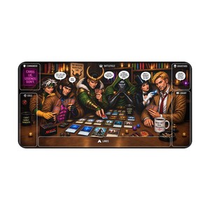May include: A rectangular playmat for card games featuring a detailed illustration of six characters sitting at a table playing a card game. The mat includes labeled zones for Commander, Battlefield, Graveyard, Exile, Library, and Lands, with speech bubbles.