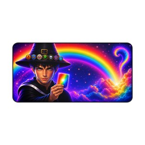 Peut inclure: Un tapis de bureau rectangulaire représentant un personnage portant un chapeau de sorcier noir orné de sept icônes élémentaires circulaires. Le personnage tient une carte arc-en-ciel brillante sur un fond vibrant d'arc-en-ciel, de ciel étoilé et de nuages colorés.