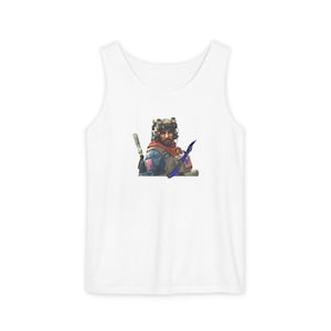 May include: White tank top featuring a digital illustration of a person in military attire. The person is wearing a helmet, a red scarf, and a tactical vest. They are holding a weapon and a blue object.