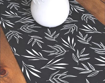 Black and White Botanical Table Runner,  Modern Leaf Table Runner,  Contemporary Table  Runner,  Farmhouse Dining Decor, Cotton Runner
