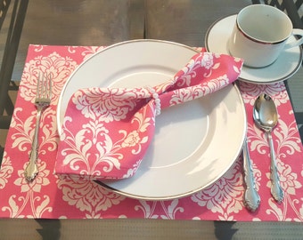 Pink Coral Placemat Set,  Pink and White Placemat and Napkin Set,  Pink Coral Napkins and Placemat Set