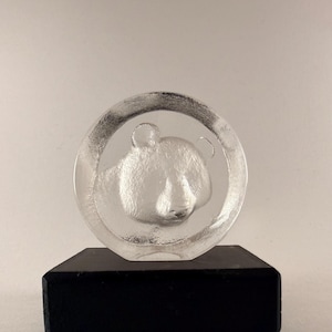 Puede incluir: Una escultura de oso panda de vidrio transparente con un rostro detallado, dentro de un marco circular. El panda está montado sobre una base rectangular negra sólida. La escultura es un objeto decorativo.