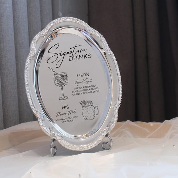 Personalised Signature Drinks Metal Tray Engraved Cocktail Menu Sign Wedding Bar Menu Keepsake Custom Reception Drink Display Wedding Gift