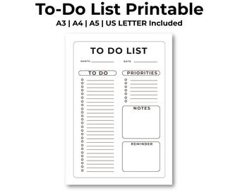 Minimalist To Do List Printable Planner (A3, A4, A5, US Letter) (Digital Download)