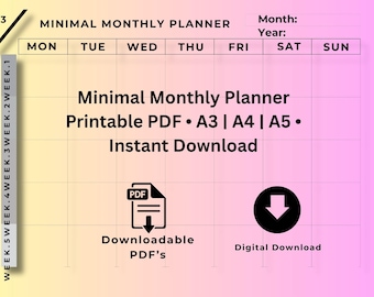 Minimal Monthly Planner Printable PDF | A3 A4 A5 Sizes | Black & White | Instant Download