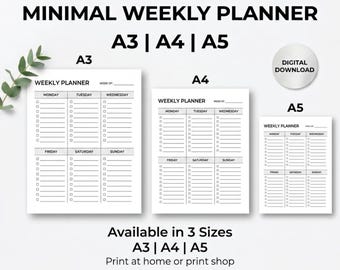 Minimal Weekly Planner Printable | A3 A4 A5 PDF | Black & White | Productivity Sheet | Instant Download