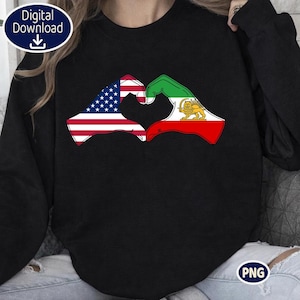Puede incluir: Sudadera negra con un diseño en forma de corazón formado por las banderas estadounidense e iraní. La bandera estadounidense está a la izquierda y la iraní a la derecha. Descarga digital.