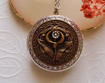 Decorative Flower Locket | Bronze Brass Victorian Flair | Large Silver Necklace | Floral Jewelry | Pill Box Photo | Gift Ideas for Her