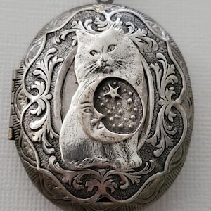 May include: An oval silver locket pendant on a matching silver chain. The locket features an embossed design of a cat sitting beside a crescent moon and stars, surrounded by an intricate, ornate floral border with a dark, oxidized finish.