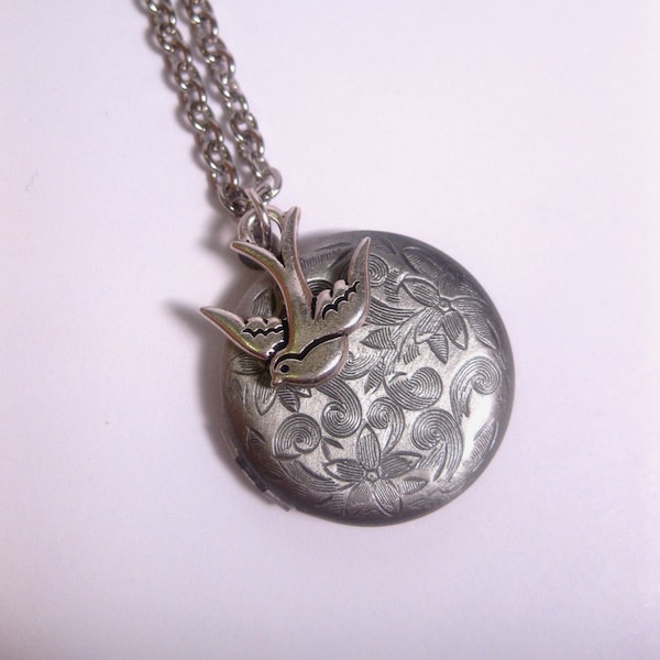 Get Well Gift Silver Bird Locket Necklace - Pressed Flower Locket with Little Dove Flying Bird - Round Photo Locket - Bereavement