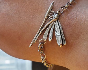 Dragonfly Bracelet - Silver Bracelet - Chain Style - Womens Gift - Jewelry - Whimsical Industrial Fairy Goth