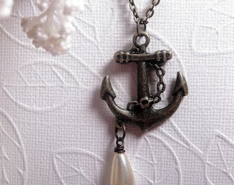 Anchor Necklace Pendant with Pearl Drop - Nautical Jewelry - Antique Brass Rope Chain Ship Anchor - Promise Necklace