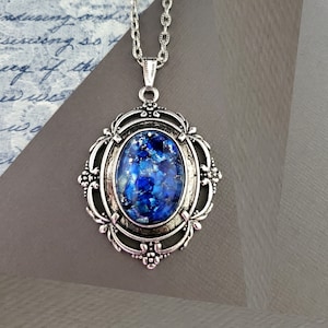 Blue Fire Opal Necklace - Large Victorian Romantic Pendant - Silver - Custom Chain Length