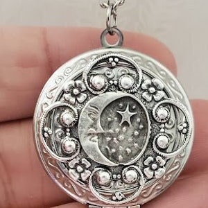 Star Moon Locket Necklace | Silver Celestial Pendant | Starry Night | Cute Charming Gifts For Her