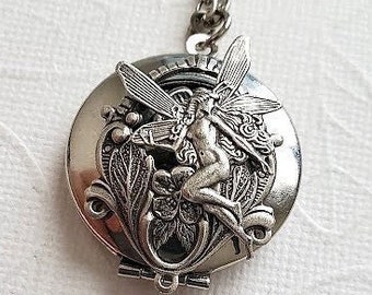 Silver Fairy Locket | Wing Necklace | Photo Jewelry | Silver Enchantment Magical Dream Whimsical Round Pendant