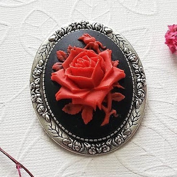 Rose Cameo Brooch | Victorian Wedding Pin | Silver and Red  Brooch Pin | Natures Lover Gift | Wedding Bridesmaid Costume | Tie Pin