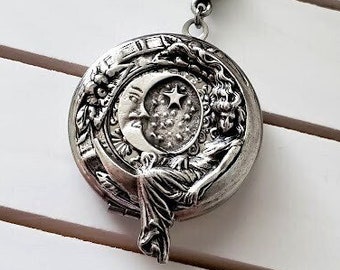 Girl On The Moon Starry Locket Necklace | Floral Star Silver Necklace | Crescent Jewelry | Celestial Pendant | Galaxy Luna | Vintage Style