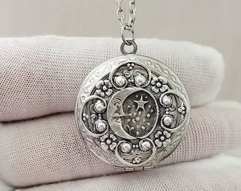 Fancy Star Moon Locket Necklace | Silver Celestial Pendant | Starry Night | Cute Charming Gifts For Her