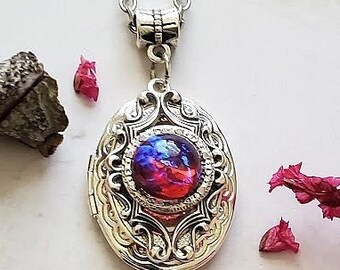 Silver Oval Locket | Dragon Breath Necklace | Vintage Fire Opal Necklace | Mexican Glass Opal Jewelry | Gothic Oval Ruby Bloodstone Pendant