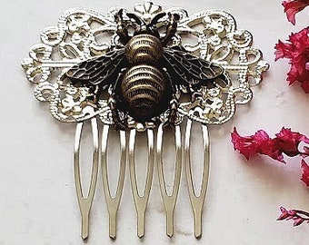 Fancy Bee Hair Comb | Antique Silver Bronze | Fantasy Hair Comb | Hair Accessories |  Victorian Hair Comb | Bun Holder Comb