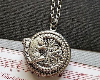 Little Squirrel Necklace |  Flower Nature Locket | Tree Silver Whimsical Necklace | Animal Inspired Gift Ideas | Woodland Jewelry