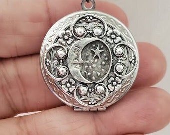 Star Moon Locket Necklace | Silver Celestial Pendant | Starry Night | Cute Charming Gifts For Her