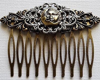 Sun Haircomb | Fantasy Moon Hair Accessories | Celestial Hairpiece | Man in the Moon | Crescent Moon Face | Antique Style Hair Pin Gift idea