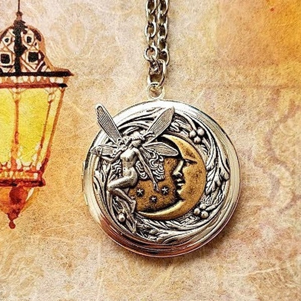 Celestial Silver Fairy Moon  Locket - Photo Picture Necklace - Enchantment Magical Dream Whimsical Round Pendant  EA814